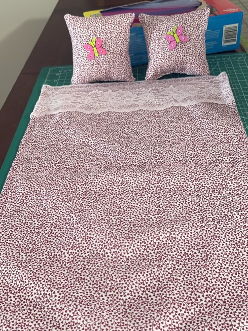 Pink Butterfly Accent Doll Bedding Set with Lace Trim 13x20 handmade new